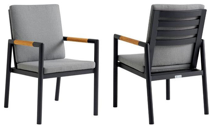 Crown Aluminum and Teak Outdoor Dining Chair Set of 2, Black