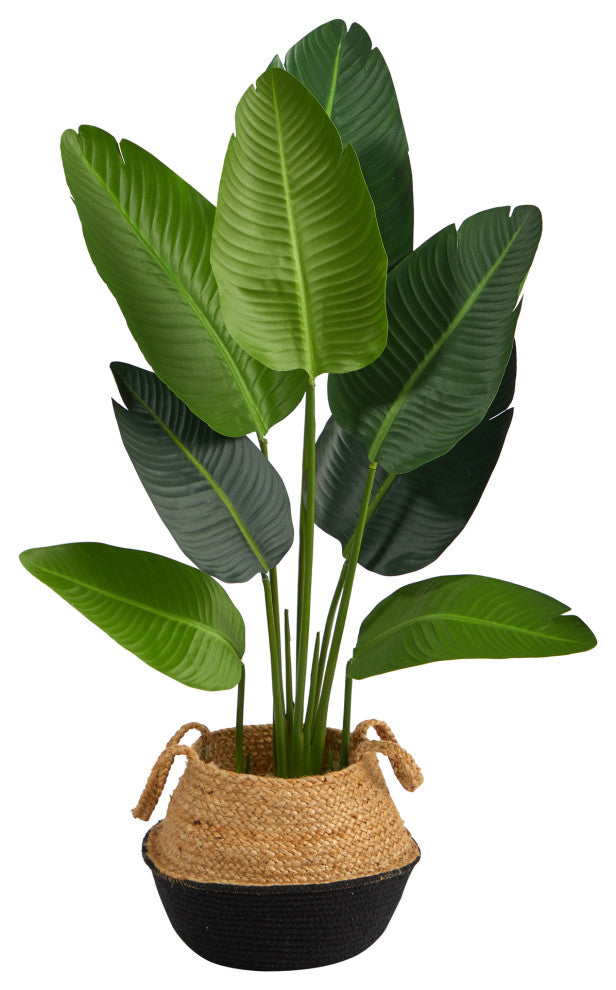 4' Travelers Palm Faux Tree Boho Chic Handmade Cotton & Jute Black Woven Planter