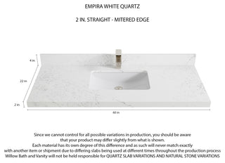 Cambridge 60 Single Bathroom Vanity in White 2" Empira Quartz