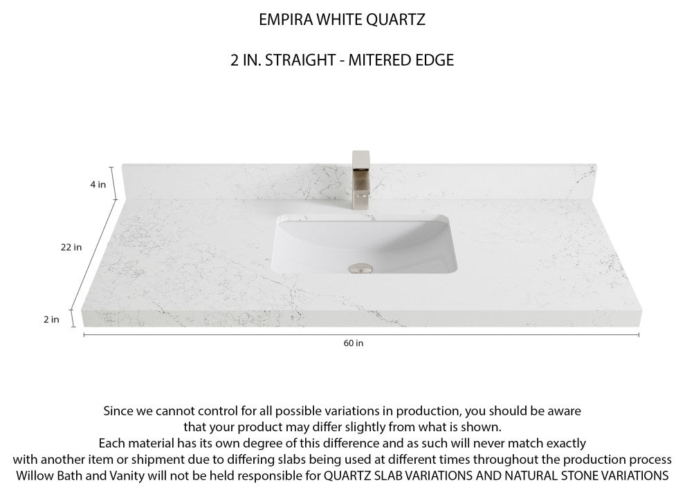 Cambridge 60 Single Bathroom Vanity in White 2" Empira Quartz