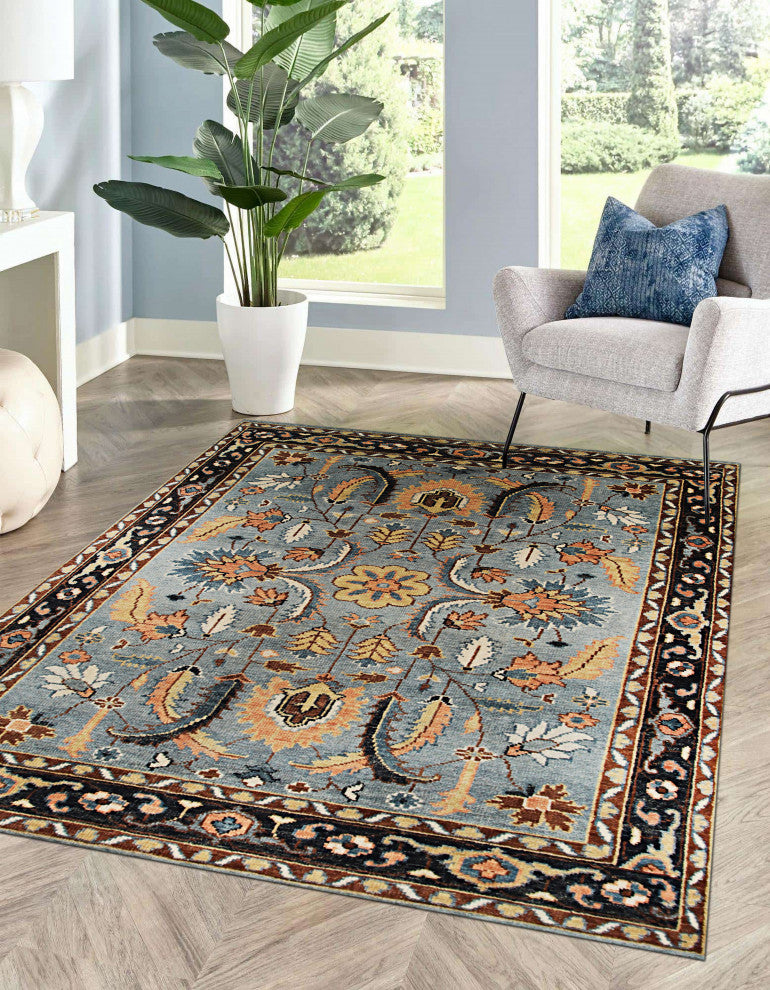Hand-Knotted Wool Gray/Navy Traditional All Over Traditional Knot Rug, 7'6 X 9'6