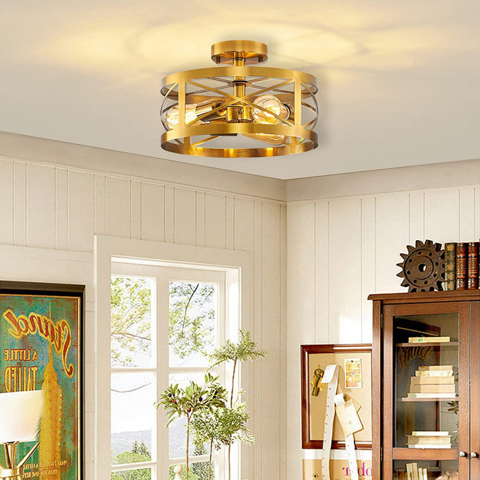 3 Light Modern Semi Flush Mount, Round Cage