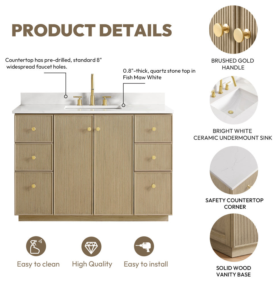 Oza Bath Vanity with Quartz Stone Top, Aged Natural Oak, 48", Single Vanity, With Mirror