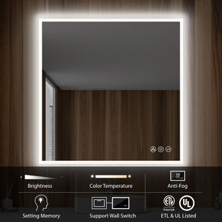 Fogless, Dimmable, Color Temperature Adjustable LED Mirror, 36x36