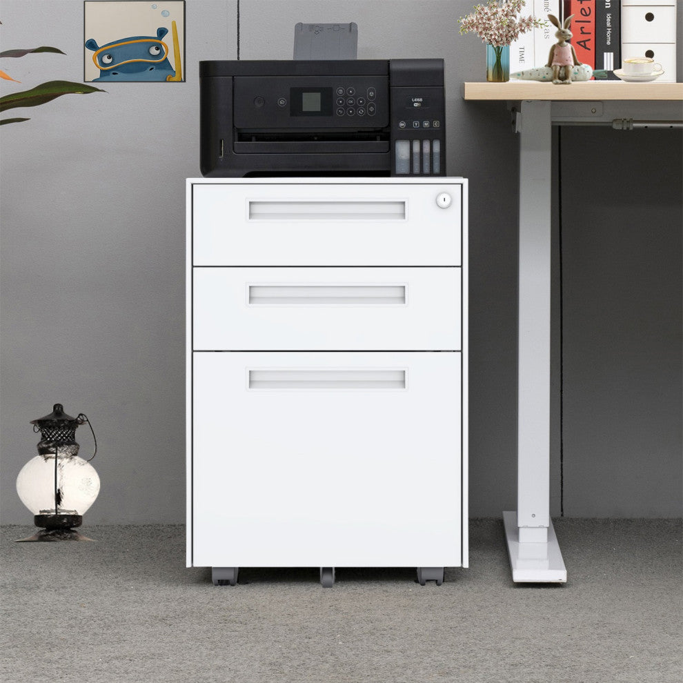 Fully Assembled 3 Drawer Metal Mobile Vertical Locking File Cabinet White