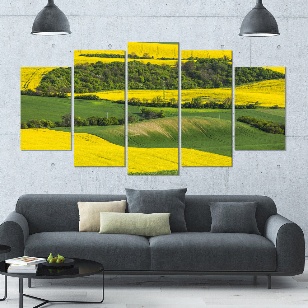 Rapeseed Fields and Green Wheat, Landscape Canvas Art Print, 60"x32", 5 Panels