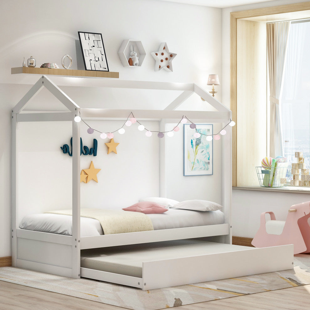 Gewnee House Bed with Trundle, can be Decorated in White