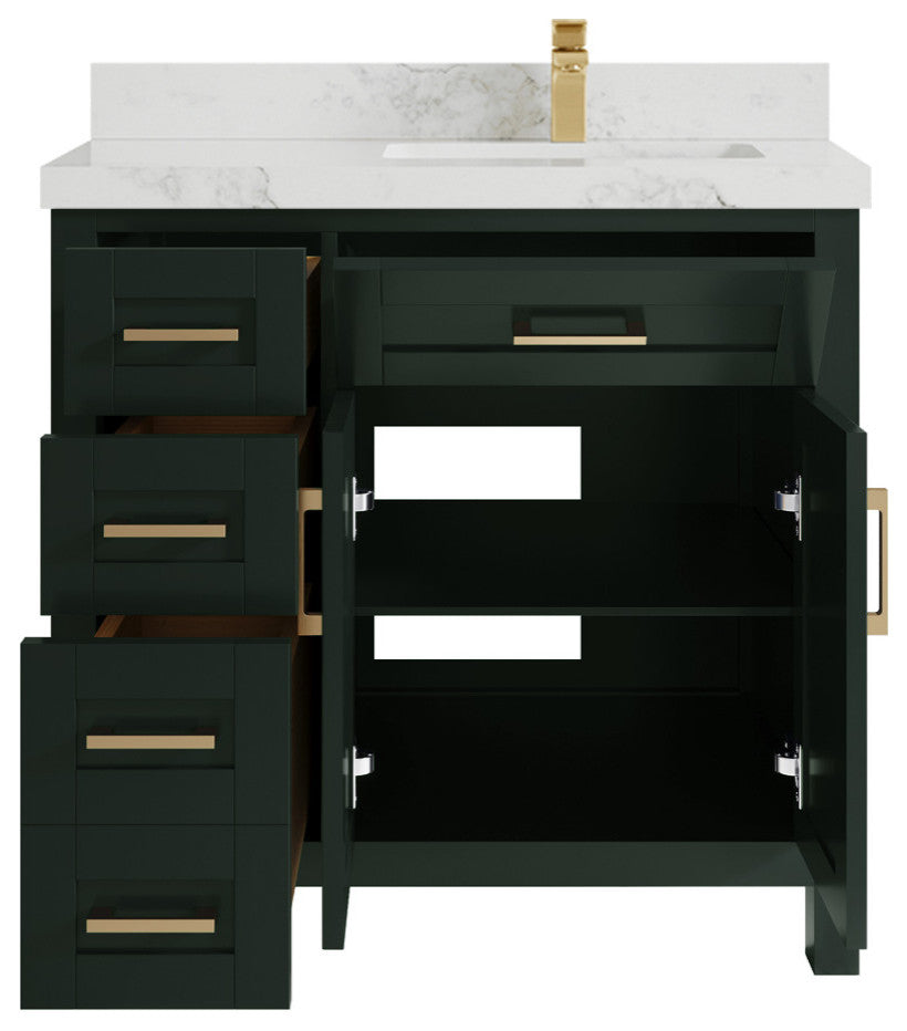 Cambridge 36 Right Offset Bath Vanity in Dark Forest Green 2" Calacatta Nuvo