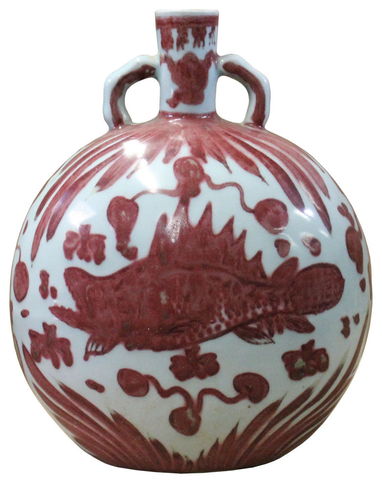 Chinese Oriental Pink Red White Base Fish Graphic Porcelain Vase Hws398