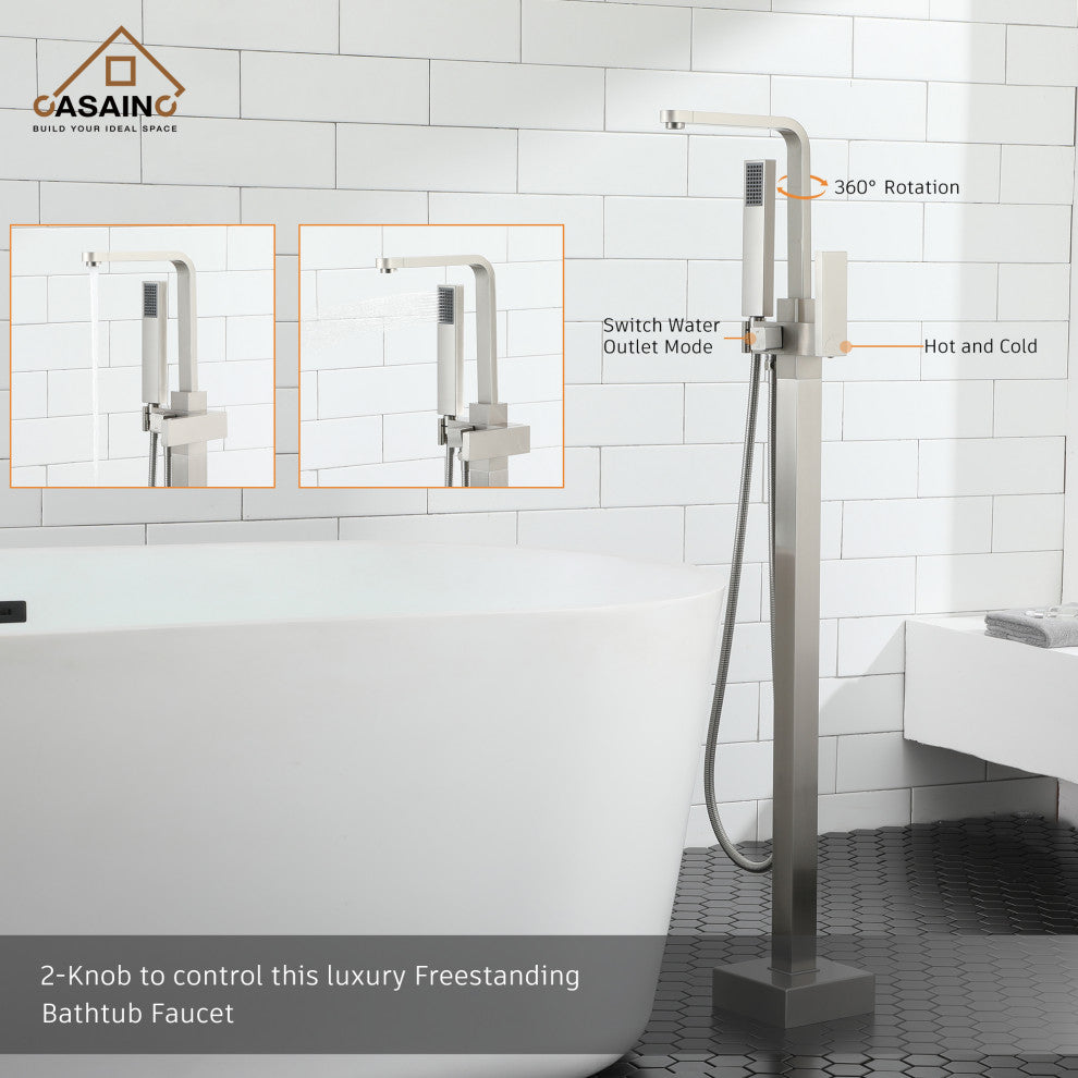 Floor Mount Tub Filler with Handheld Shower Head, Brushed Nickel