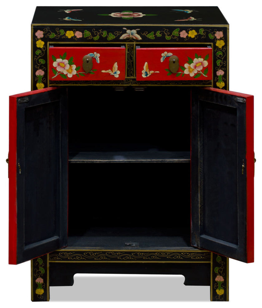Red and Black Hand Painted Elmwood Butterfly Motif Oriental Cabinet