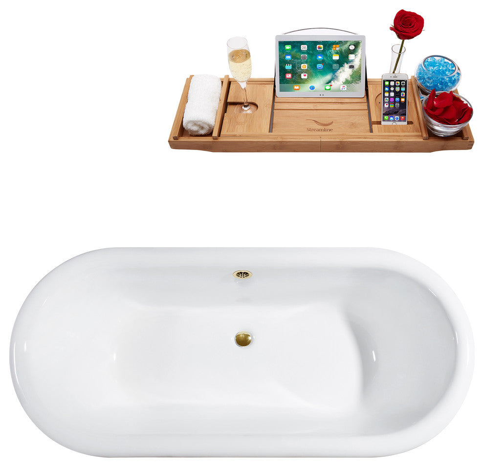 67" Cast Iron R5061WH-GLD Soaking Clawfoot Tub and Tray With External Drain
