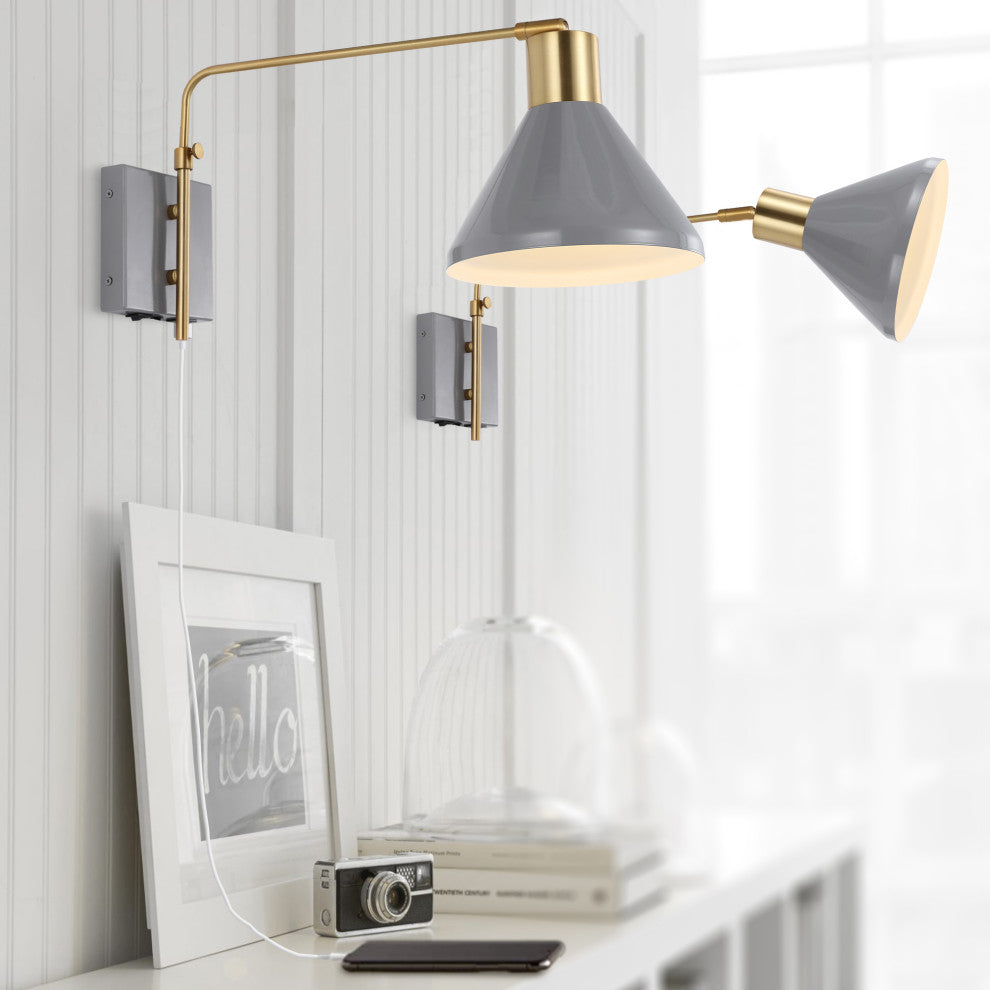 Max Swing Arm 1-Light Modern Midcentury Iron USB Charging Port LED Sconce, Gray