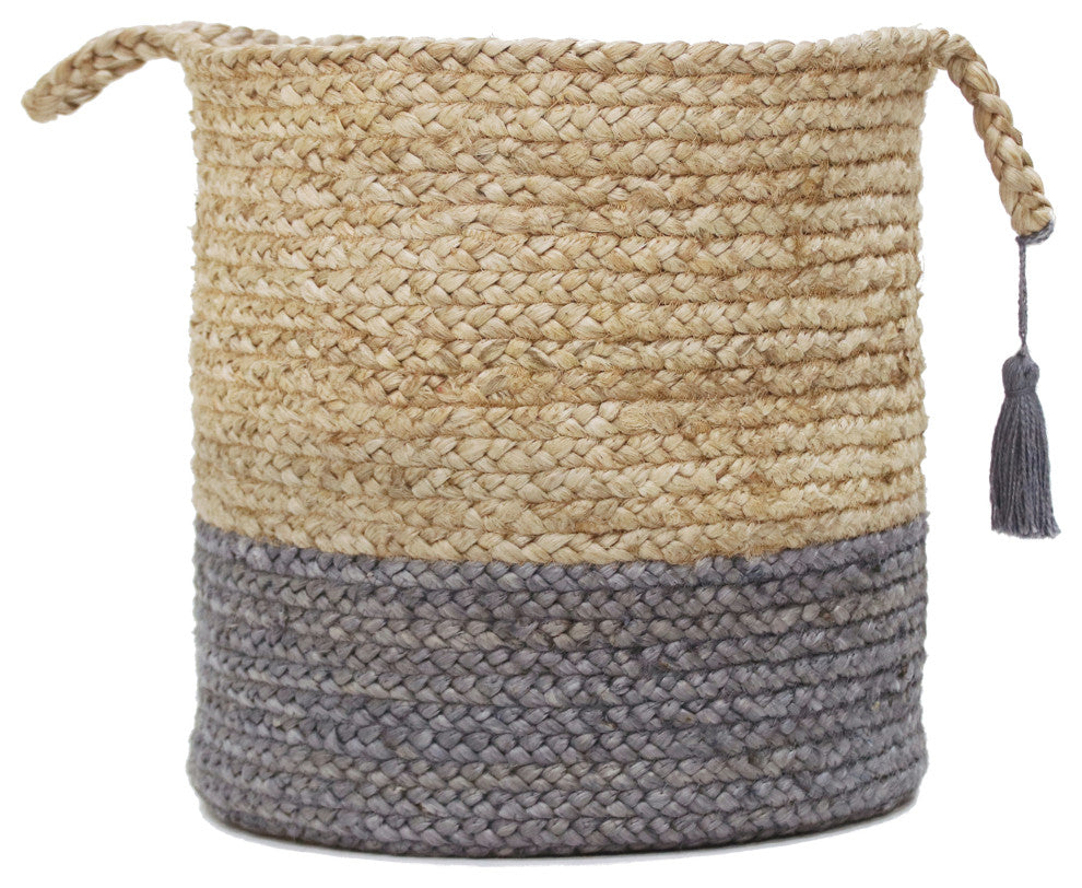 Two-Tone Natural Jute Woven Decorative Basket with Handles, Frost Gray, 17"