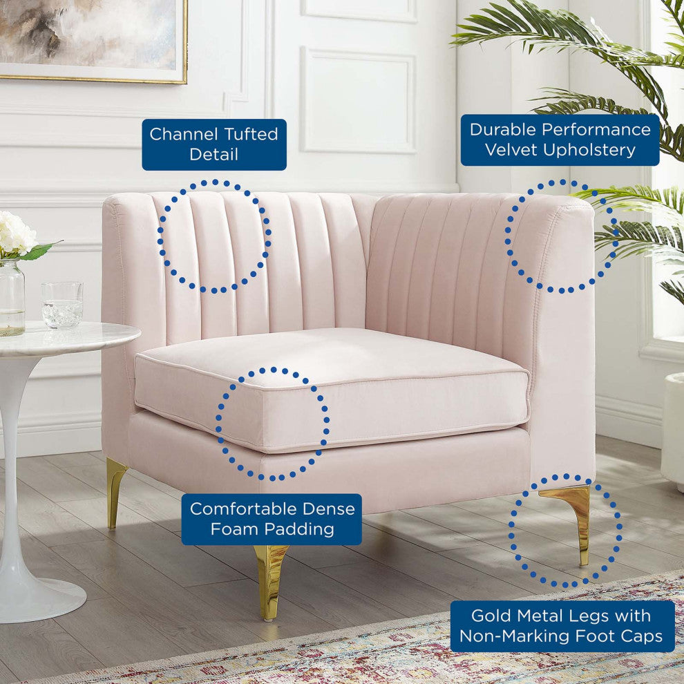 Tufted Sofa Corner Chair, Velvet, Pink, Modern, Living Lounge Hotel Hospitality
