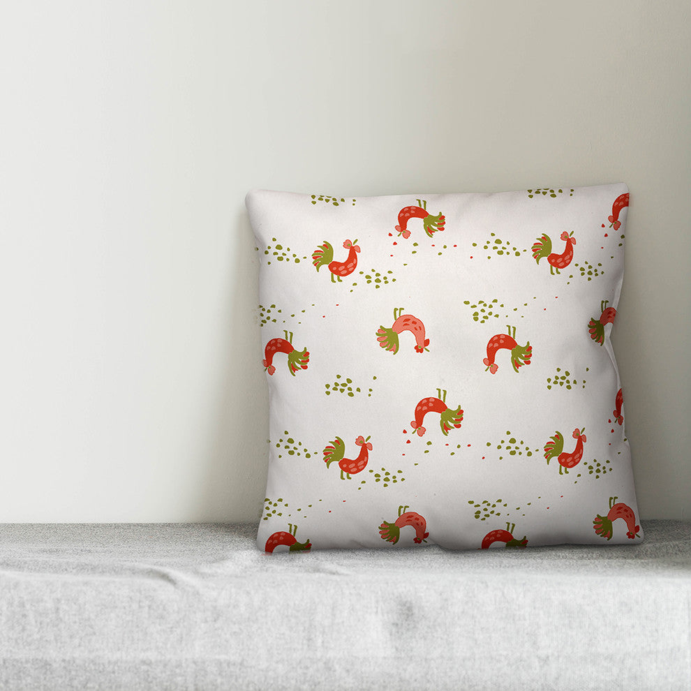 Rooster Pattern, Red and Green Outdoor Throw Pillow, 18"x18"
