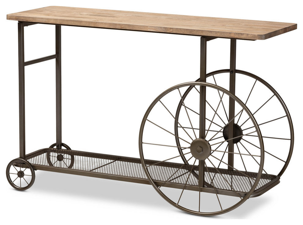 Leon Rustic Natural Wood and Black Metal Wheeled Console Table