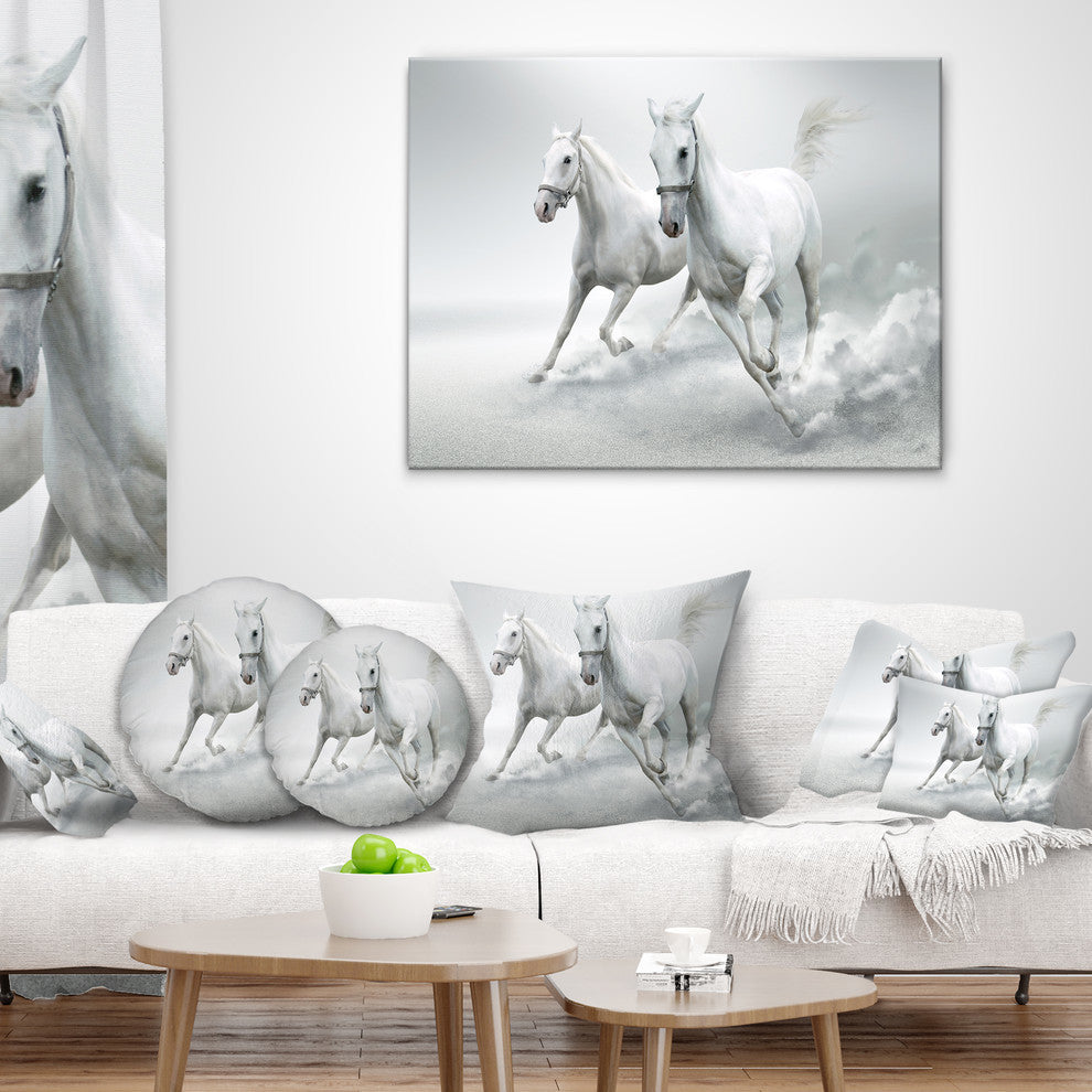 Running White Horses Animal Throw Pillow, 16"x16"