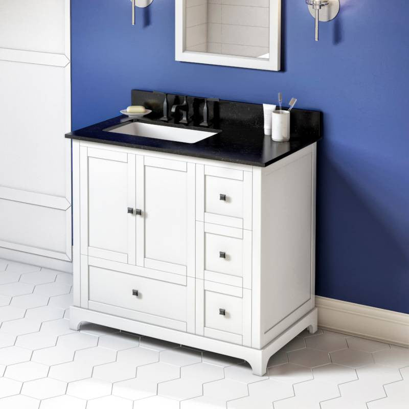 Addington Modern 36" White Left Offset Sink Vanity, Black Granite Vanity Top