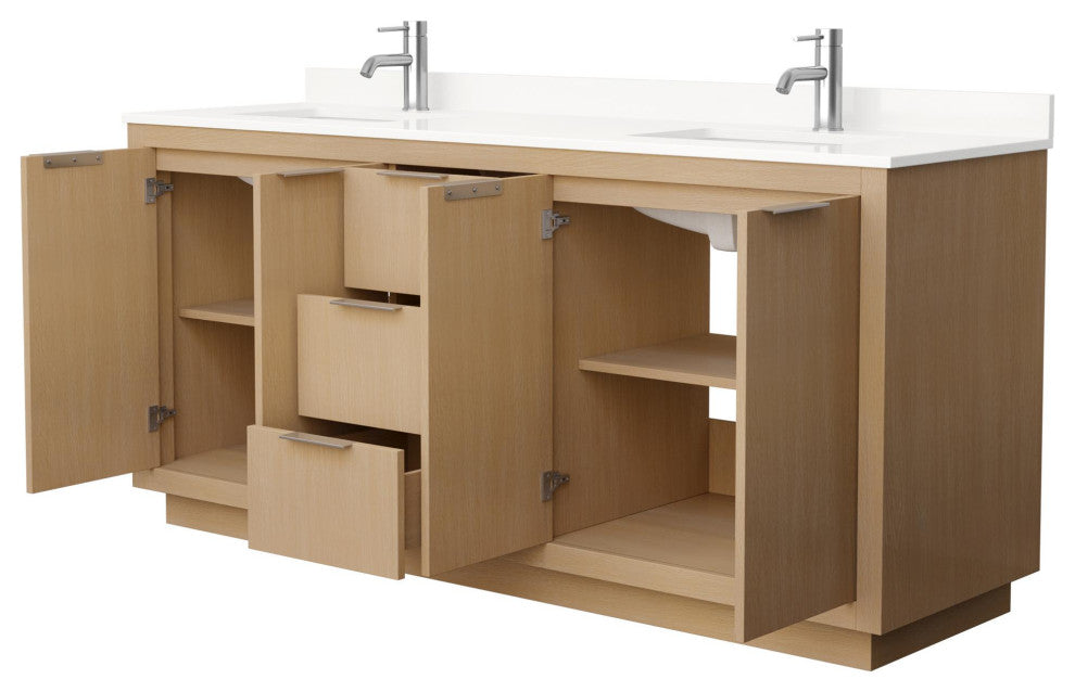 Maroni 72" Light Straw Double Vanity, White Quartz Top, 1-Hole, Nickel Trim