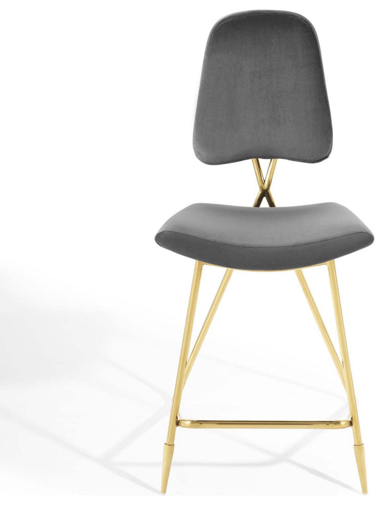 Counter Stool Chair, Set of 2, Velvet, Metal, Gray, Modern, Bar Pub Bistro