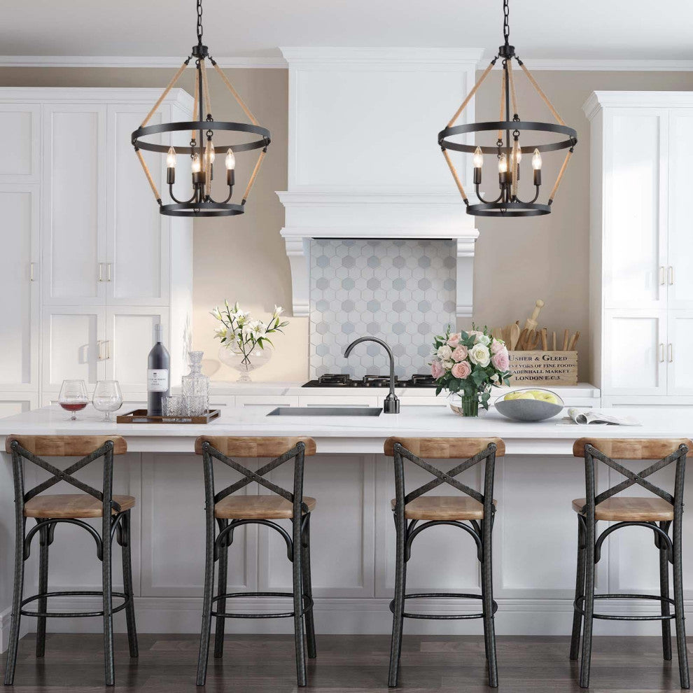 4-Lights Hemp Rope Tiered and Matte Black Modern/Farmhouse LED Chandelier