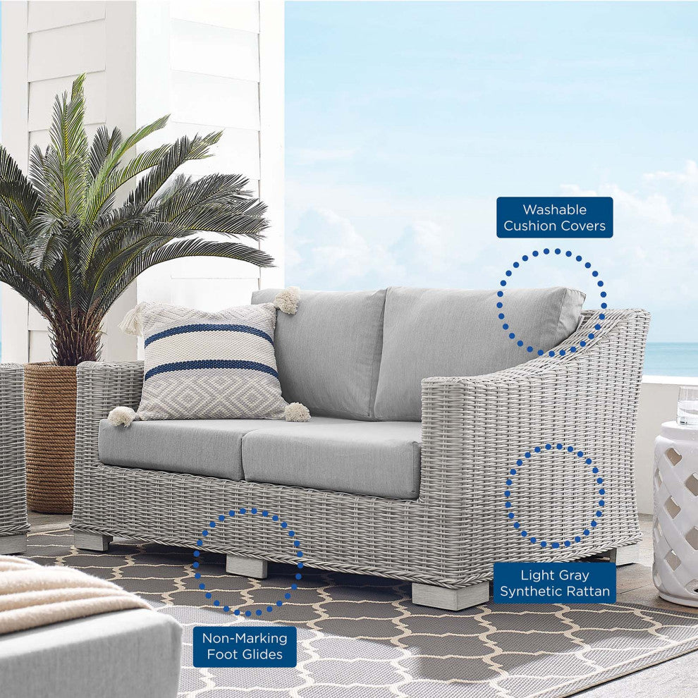 Lounge Loveseat Sofa, Sunbrella, Rattan, Wicker, Gray, Modern, Outdoor