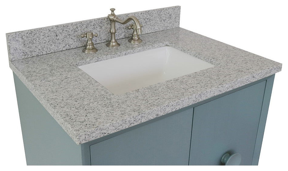 31" Single Wall Mount Vanity, Aqua Blue Finish With Gray Granite Top
