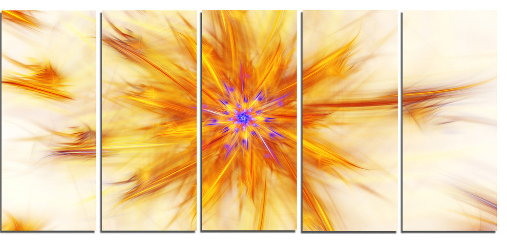 Shining Yellow Exotic Fractal Flower, Floral Canvas Art Print, 60"x28", 5 Panels