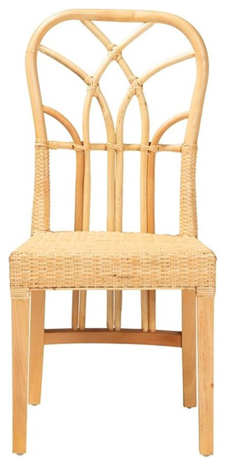Monaco Bohemian Oak Brown Finished Mahogany Wood and Natural Rattan Dining Chair