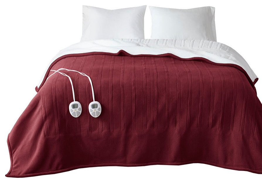 Serta Fleece to Sherpa Heated Fleece and Sherpa Bedding Blanket, Burgundy