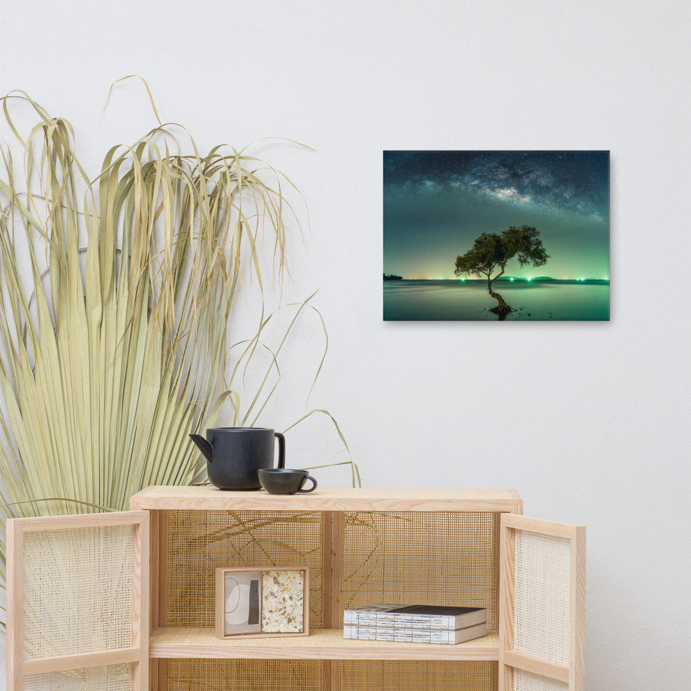 Glowing Milky Way Galaxy with Tree Canvas Wall Art Prints, 18" X 24"