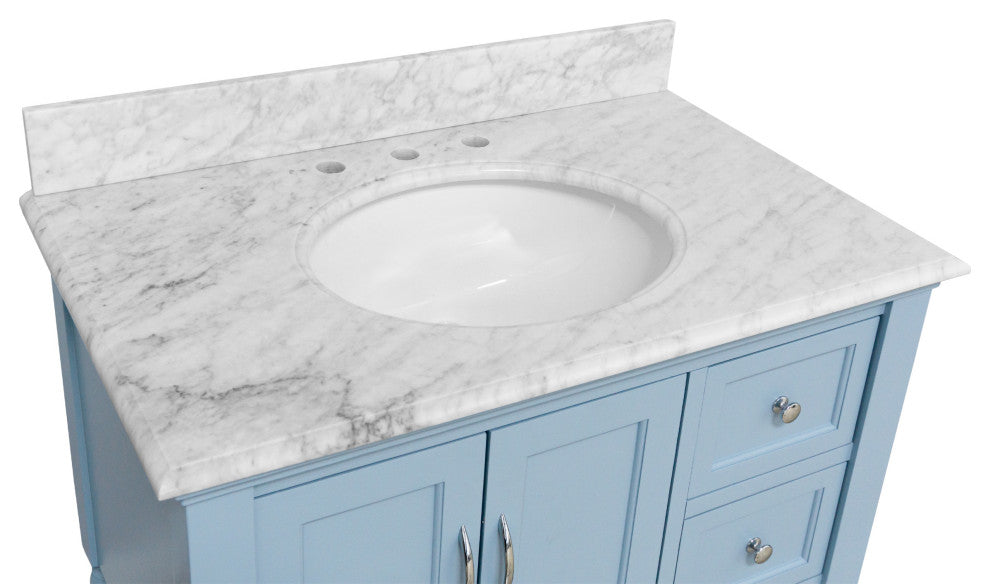 Beverly 36" Bathroom Vanity, Powder Blue, Carrara Marble
