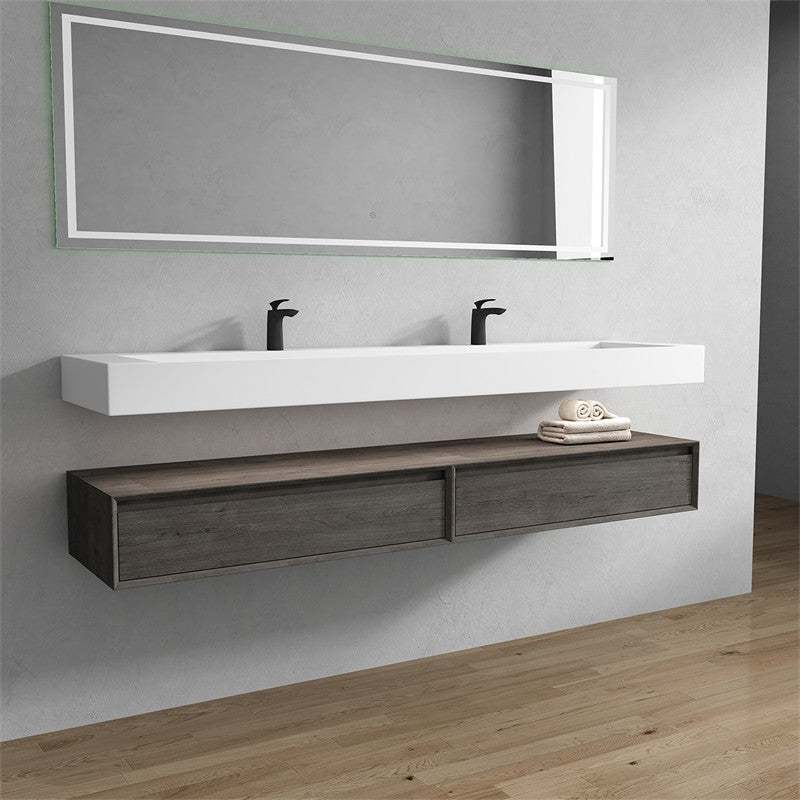 Alysa 84'' Floating Vanity, Acrylic Sink, Double Faucet Hole, Smoke Oak