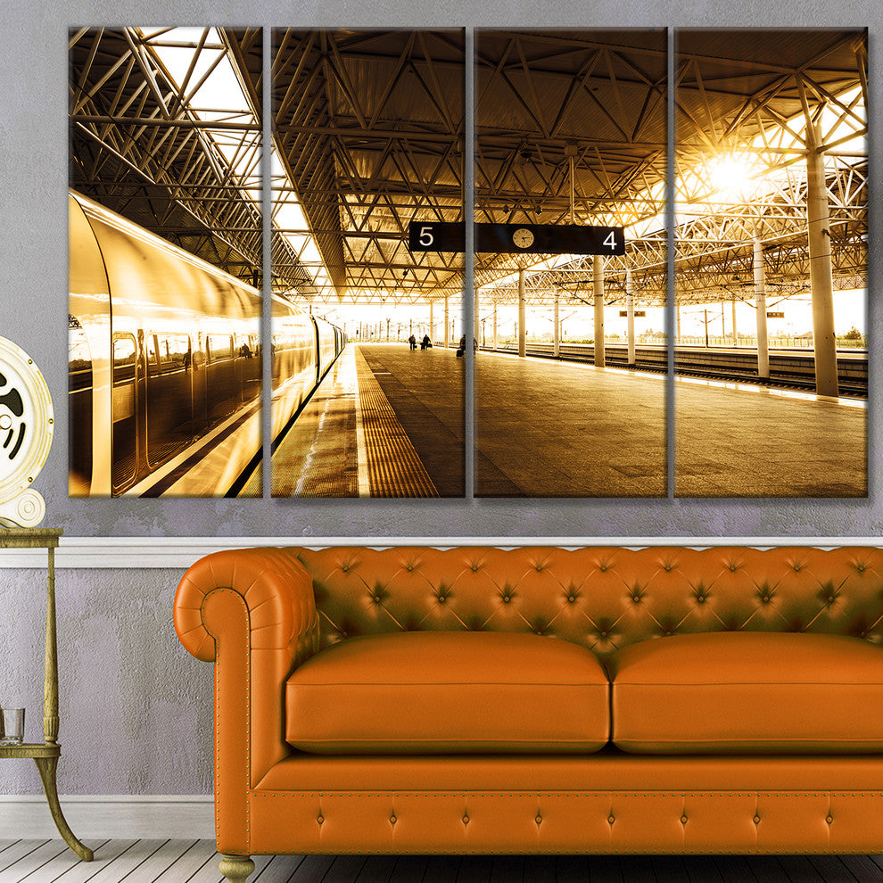 Train at Railway Station with Sunlight, Landscape Canvas Art, 48"x28", 4 Panels