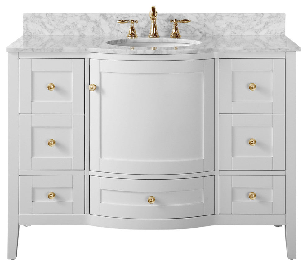 Lauren 48" Vanity Set, White, 48", Gold Hardware, Cararra White Marble Countertop and Mirror