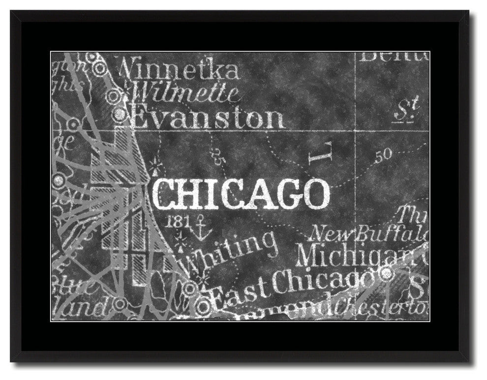 Chicago, Illinois Monochrome Map Print On Canvas With Black Frame, 28" X 37"