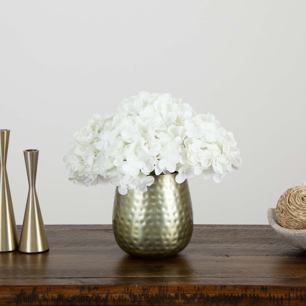11in. Artificial Hydrangea Arrangement, Gold Metal Vase