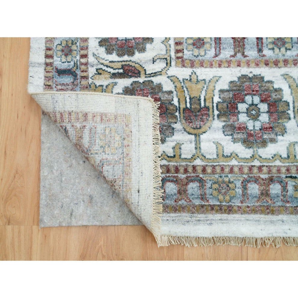 Pearl White Hand Knotted Unique Flower Rosettes Border Oversized Rug 13'8"x17'9"
