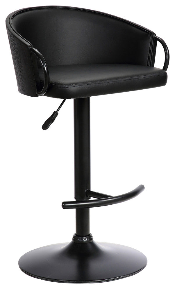 Montego Adjustable Black Faux Leather Swivel Barstool in Black Powder Coated Fin
