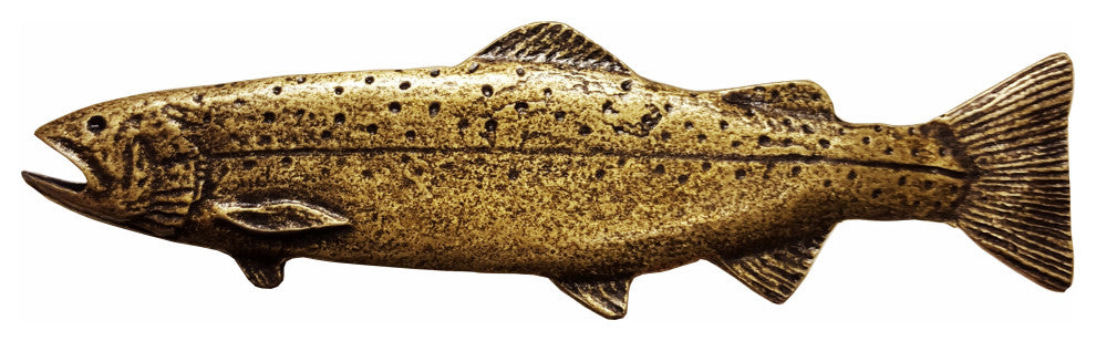 New Long Trout Left Face Cabinet Pull, Antique Brass