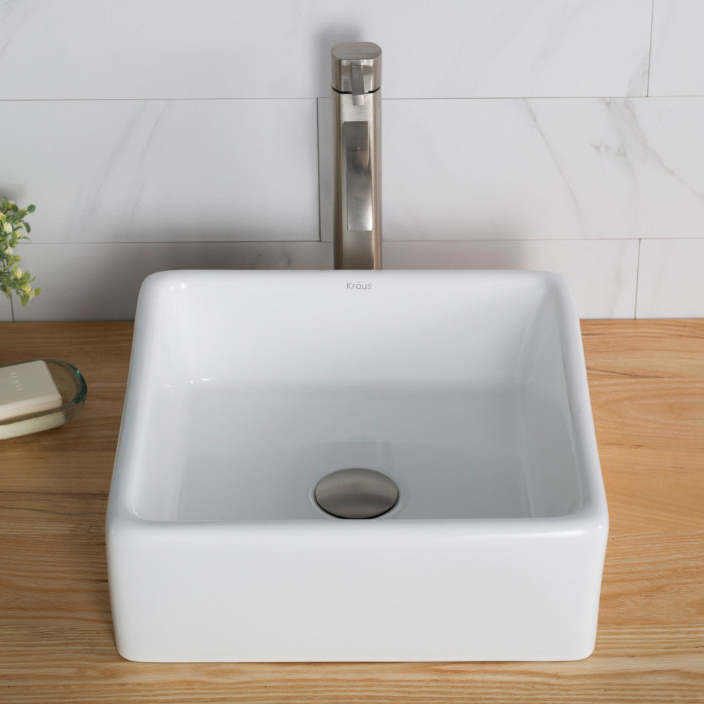 Elavo Square Ceramic Vessel Sink, Bathroom Ramus Faucet, PU Drain, Nickel