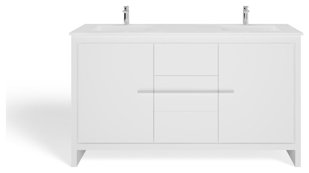 Esconde Bath Vanity, High Gloss White, 60", Double Sink, Freestanding