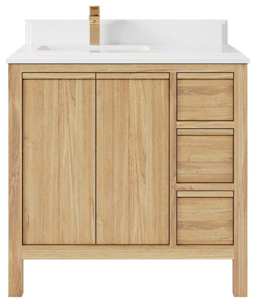 Elizabeth 36 Left Offset Bath Vanity in Light Natural Teak 1.5" White Quartz