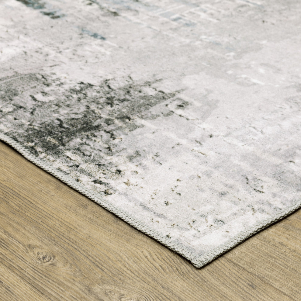Michaela Machine Washable Modern Grey/ Teal Indoor Area Rug, Grey, 2'x8'