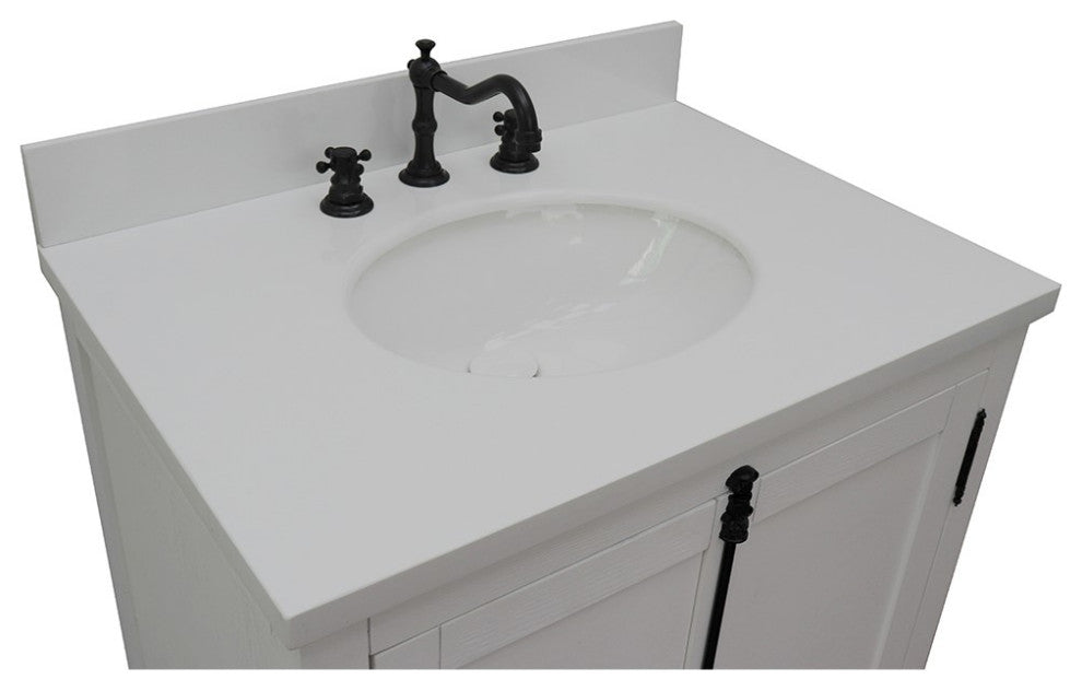 30" Single Vanity, Glacier Ash, White Engineered Stone Top, Oval Sink