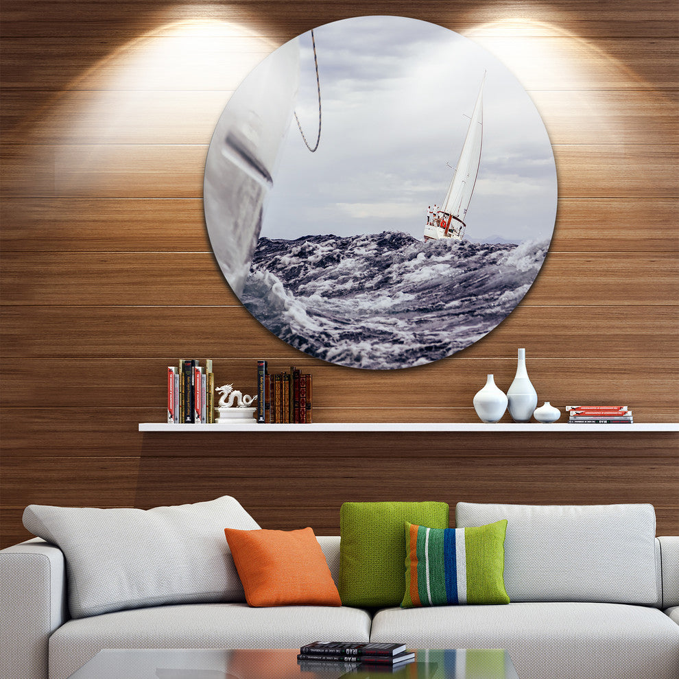 Storm While Sailing, Seascape Painting Round Metal Wall Art, 23"