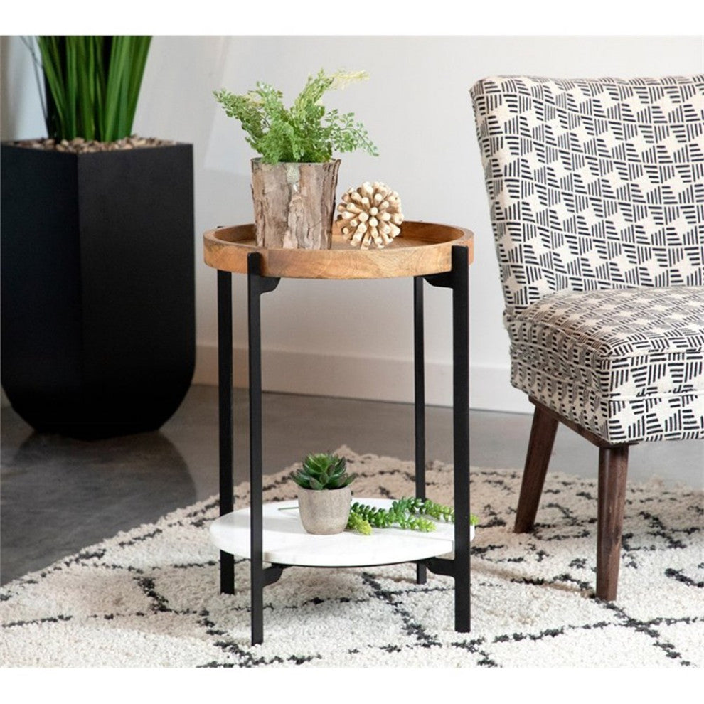 Pemberly Row Round Accent Table with Marble Shelf in Natural and Black
