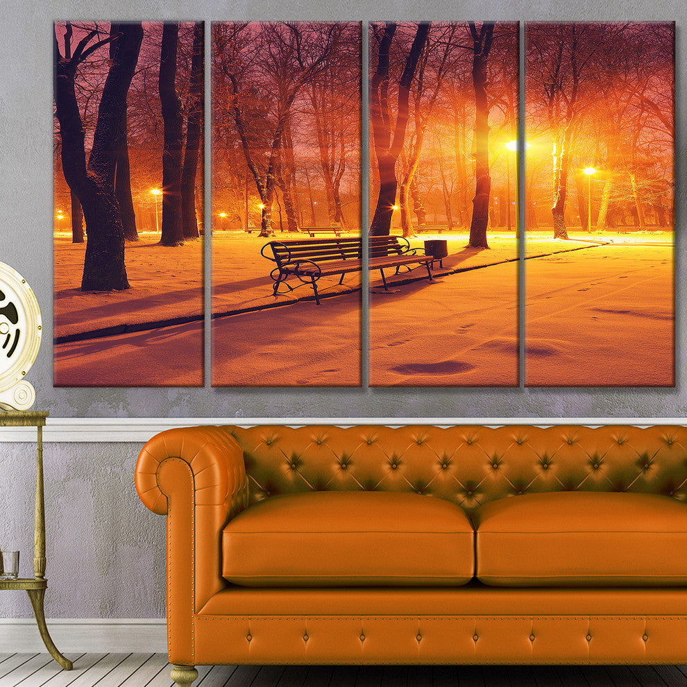Benches Covered in Winter Snow, Landscape Canvas Art Print, 48"x28", 4 Panels
