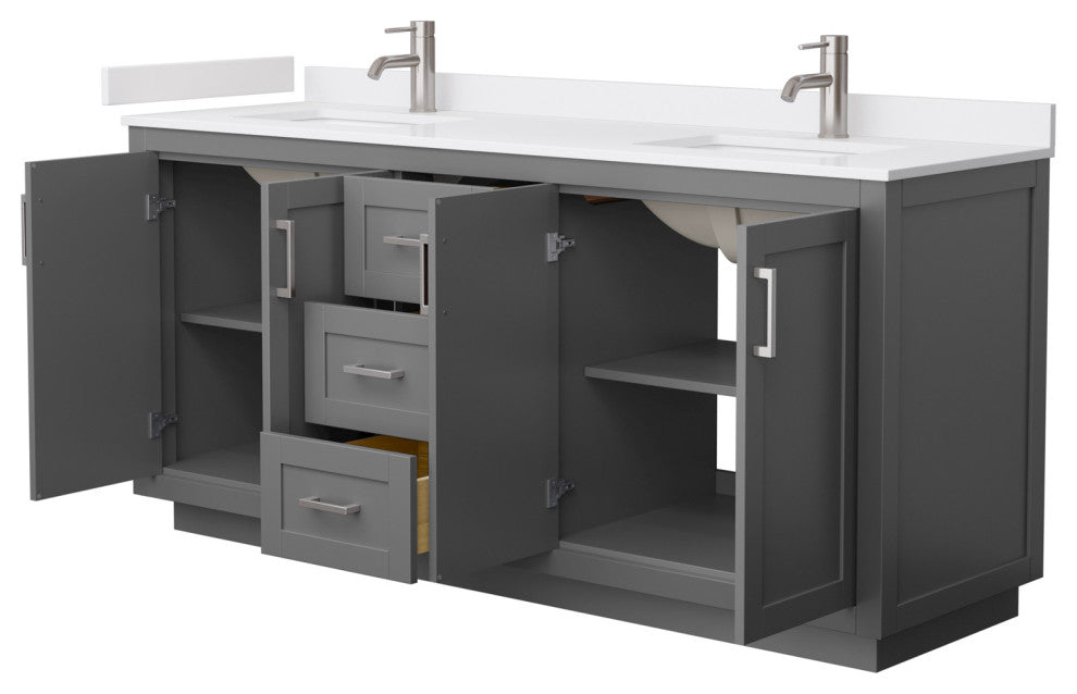 72"DBL Vanity Dark Gray, White Cult. Marble Countertop, Sinks, Nickel Trim